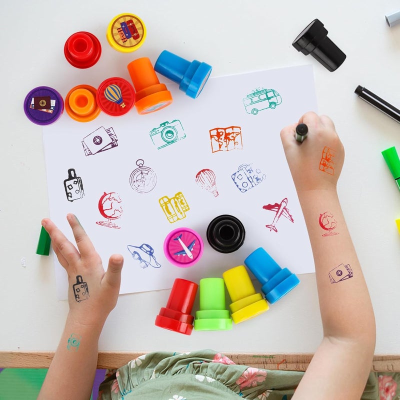Lemicin 24 Pcs Adventure Travel Print Stamps Colorful Self Inking Stamp Mini Holiday Travel Stamps Birthday Party Favors for Boys Classroom Rewards Carnival Prizes Supplies Adventure Party - Image 4